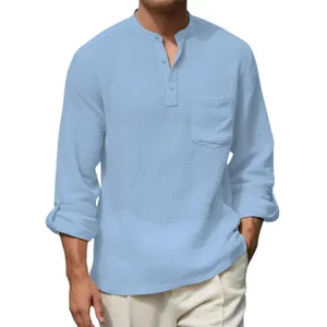 Men's casual light blue long sleeve Henley linen shirt breathable beach vacation top