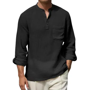 Men's breathable black cotton linen long sleeve Henley shirt for casual beach vacation