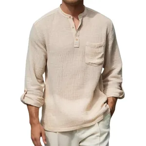 Men's breathable cotton linen long sleeve Henley shirt for casual beach vacation