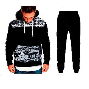 Men's Christmas deer print hooded tracksuit set black slim fit casual autumn wear