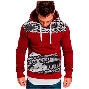 Detailed view of men's red slim fit hoodie with festive Christmas reindeer patterns