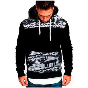 Men's slim fit black hoodie featuring a Christmas moose pattern on yoke and pocket