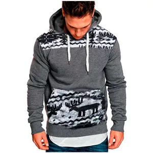 Close-up of grey men's hoodie featuring festive reindeer and snowflake patterns