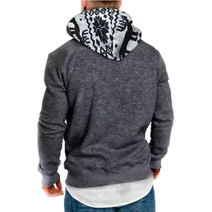 Back view of men's slim fit grey long sleeve hoodie with Christmas reindeer patterned hood