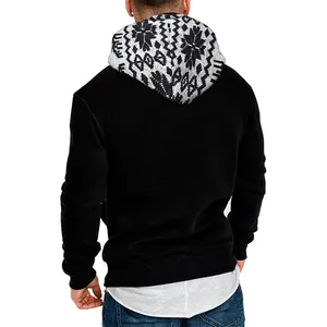 Men's slim fit black hoodie with patterned Christmas style hood back view