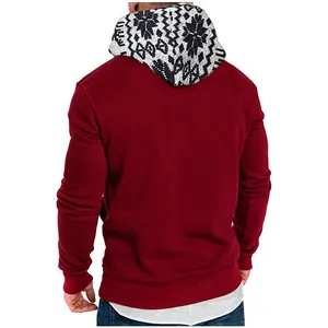 Back view of men's slim fit dark red hoodie with Nordic snowflake patterned hood