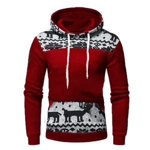 Men's slim-fit red Christmas hoodie featuring reindeer patterns and white drawstring