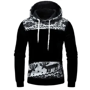 Detail view of men's slim fit hoodie featuring festive moose and snowflake patterns.