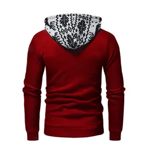 Back view of a red slim-fit men's hoodie featuring a black and white patterned hood.