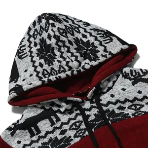 Detailed close-up view of men's Christmas deer knit hoodie featuring hood and drawstring.