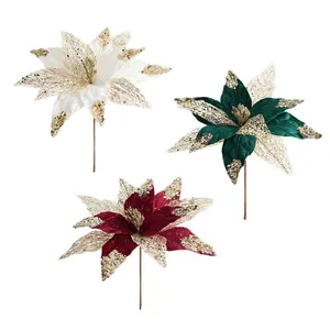 Decorative 28cm glitter artificial poinsettia flowers in white, dark green, and red.