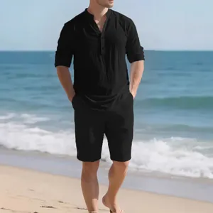 Men's casual black linen long-sleeve henley shirt and shorts two-piece set for beach