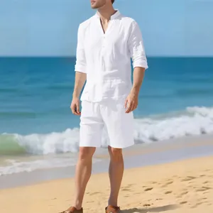 Men's stylish white linen long-sleeve casual shirt and shorts set for beach vacation