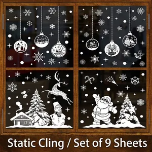 Autocollants De Fenêtre De Noël Statiques Renne Blanc Père Noël Flocons De Neige PVC Double Face Décorations Pour Vitre