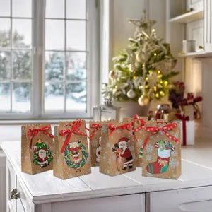 Set of Christmas snowflake kraft paper gift bags with festive cartoon patterns and red ribbons