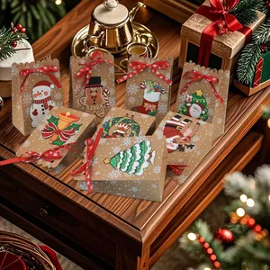 Collection of festive Christmas kraft paper gift bags with colorful holiday patterns
