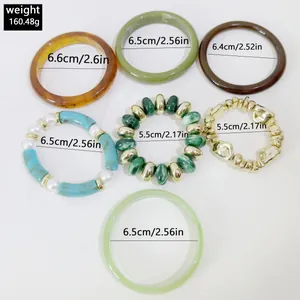 Detailed measurements of vintage green resin bangles and stretch beaded bracelets set
