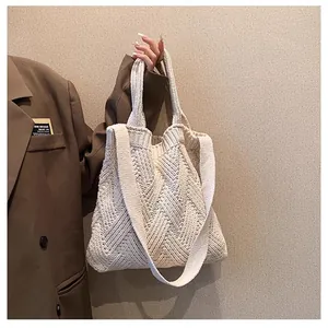 Women Knitted Tote Bag Large Capacity Woven Shoulder Bag Vintage Polyester Casual Commuting Handbag