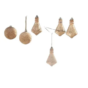 Set of amber glass Christmas ornaments with embossed textures and teardrop shapes