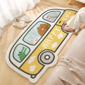 Cute yellow bus shaped plush bedside rug for nursery and kids bedroom floor decoration