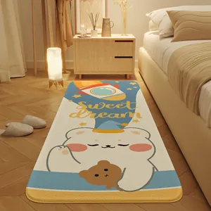 Warm bedroom scenario view of a soft cartoon bedside rug with a cute bear and rocket