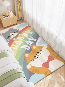 Cute plush cartoon cat rug with rainbow design displayed in a cozy bedroom setting