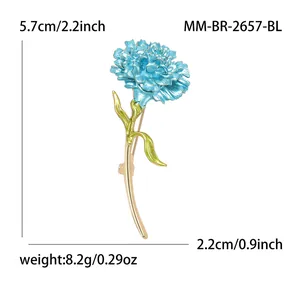 Close-up view of light blue carnation brooch showing exact dimensions and weight data.
