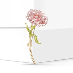 Elegant pink carnation flower brooch with green leaves and gold stem for women's suit jackets