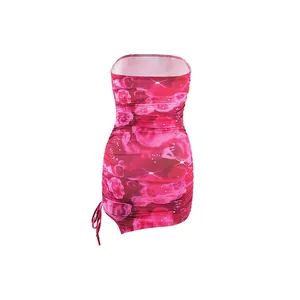 Close-up of sexy floral print tube-top ruched bodycon mini dress with drawstring