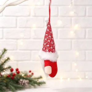 Handmade festive red knitted Christmas gnome hanging ornament with white faux fur beard detail