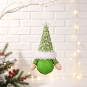 Detailed view of a handcrafted green Christmas gnome plush hanging ornament for holiday decor
