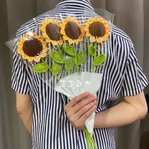 Handmade Crochet Knitted Sunflower Artificial Flower Bouquet Acrylic Yarn Desktop Decoration Birthday Gift For Friends