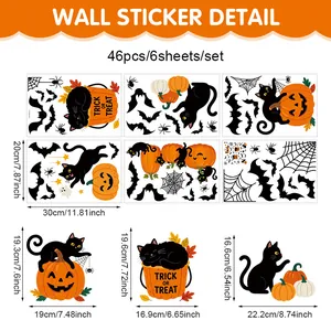 Detailed 46pcs Halloween wall sticker set featuring black cats and pumpkins motifs