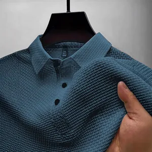 Premium blue ice silk mesh polo shirt for men featuring breathable textured fabric detail