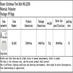 Technical specifications and dimensions table for the knitted Christmas tree skirt