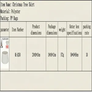 Technical specifications and dimensions table for the knitted Christmas tree skirt