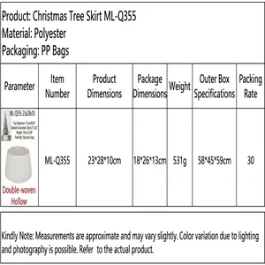 Detailed size and material specifications for the white knitted Christmas tree skirt