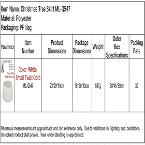 Product specification table for the white knitted Christmas tree skirt with buttons