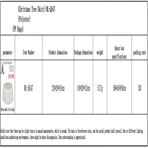Product specification table for the white knitted Christmas tree skirt with buttons
