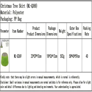 Detailed specification table for this green knitted adjustable Christmas tree skirt
