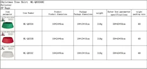 Product specification chart showing dimensions and weight for adjustable Christmas tree skirts