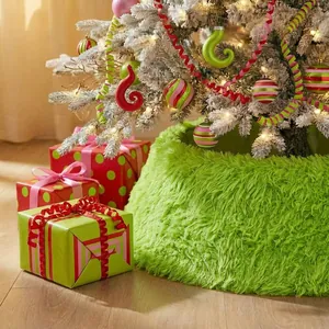 Detailed view of a fluffy lime green faux fur Christmas tree collar in festive room