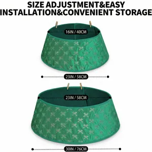 Detailed view of adjustable green knitted Christmas tree collar showing size dimensions and clips