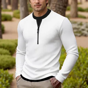 Men's stylish white ribbed long sleeve sweater with fake two-piece collar and zipper