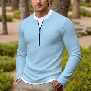 Men's stylish light blue fake two-piece crewneck knit sweater with front zipper detail
