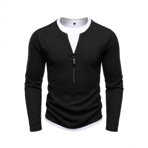 Men's casual black faux two-piece knit sweater with ribbed texture and half-zipper detail