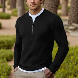 Men's black ribbed long sleeve fake two-piece knitwear top with front zipper detail