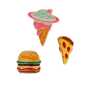Three-piece enamel pins set featuring creative planet ice cream, pizza, and burger badges