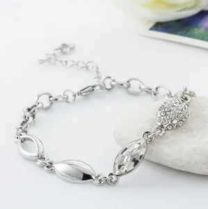 Silver bracelet with marquise-cut crystal and pavé rhinestones on white pebbles