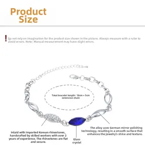 Detail view of silver bracelet with marquise crystals and dimensions of 18cm plus 5cm